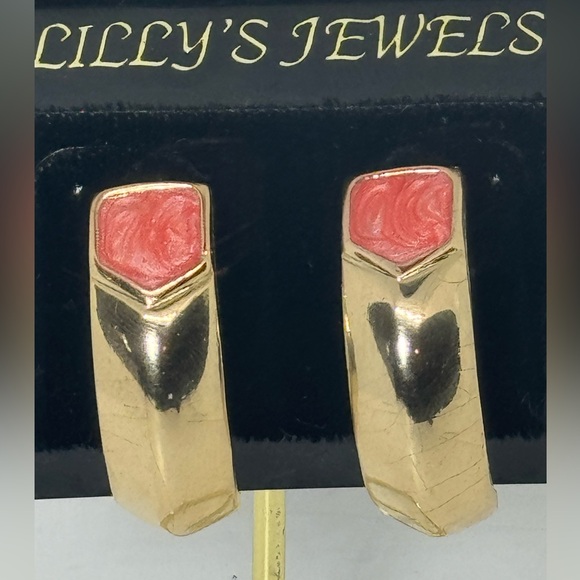 Vintage Gold & Pink Enamel Drop Earrings by Lilly’s - Classic & Elegant Design - Picture 1 of 8